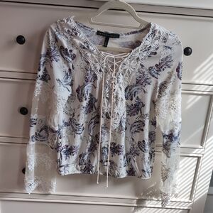 White House Black Market Paisley Lace-Up Blouse - White ,Purple and Blue